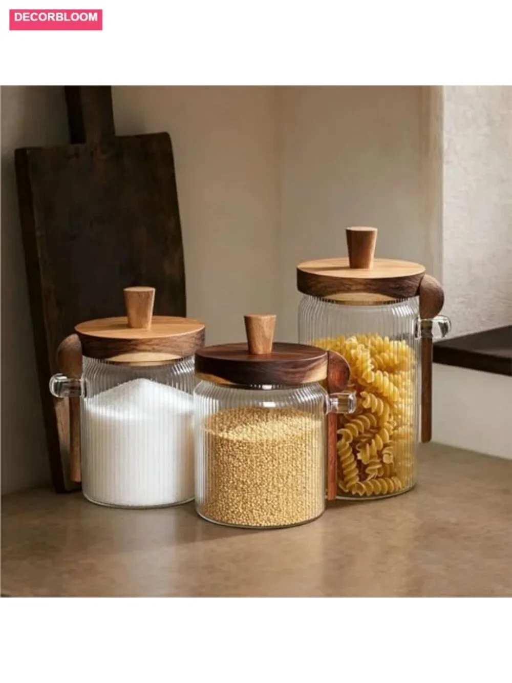 Striped Glass Food Storage Jar with Acacia Wood Lid and Spoon 30oz
